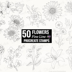 50 Flower Procreate Stamps, Fine Line Tattoo Designs, Floral & Botanical Procreate Brushes (Digital Download)