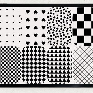 A digital tablet screen displaying eight different black and white patterns. The patterns include hearts, squares, diamonds, triangles, and a grid.