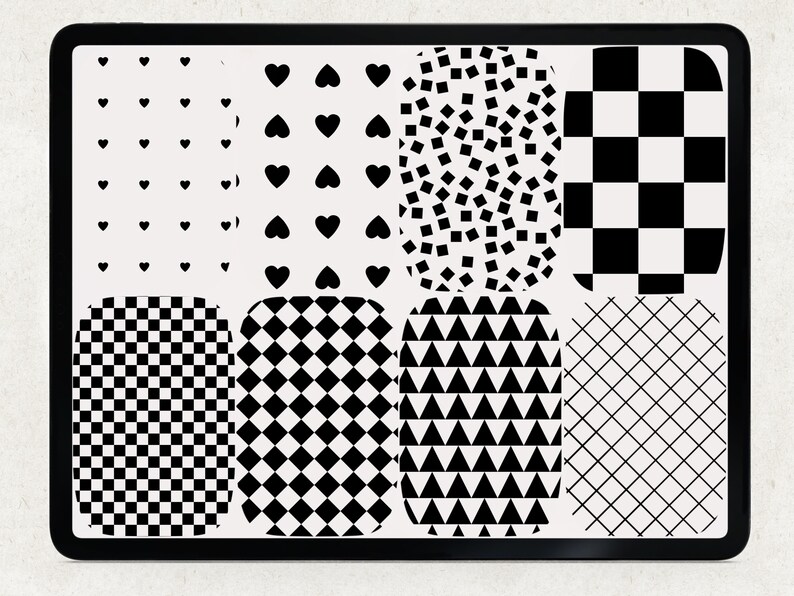 A digital tablet screen displaying eight different black and white patterns. The patterns include hearts, squares, diamonds, triangles, and a grid.