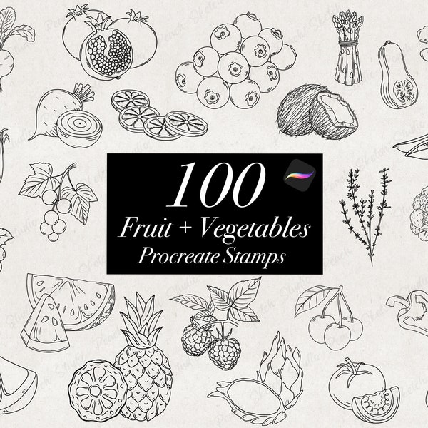 100 Procreate Obst & Gemüse Stempel Pinsel, Erdbeeren, Bananen, Kräuter, Lebensmittel Stempel Bundle, Fruit Line Briefmarken Hand gezeichnet Digital