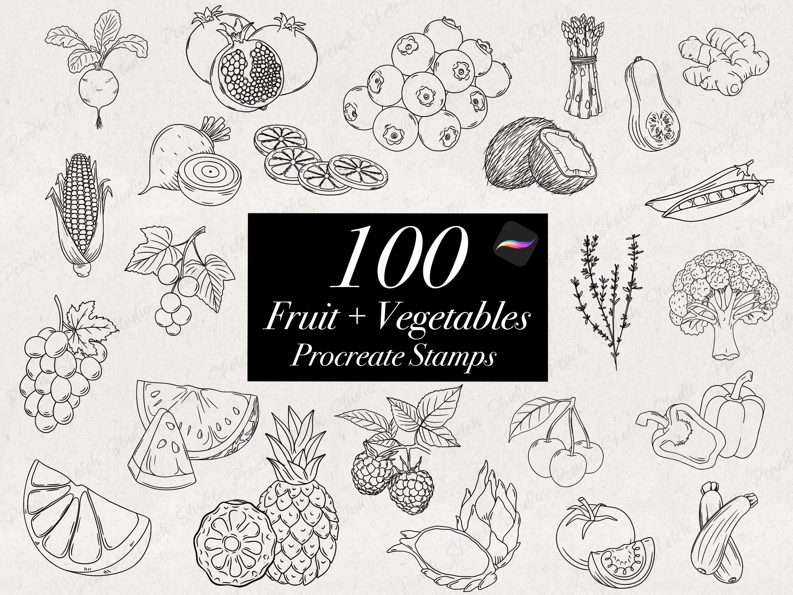 100 Procreate Fruit & Vegetables Stamp Brushes, Strawberries, Bananas