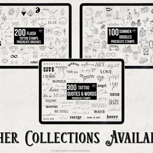Information of other Procreate Brush Stamps Sets available which include ‘200 flash tattoo designs’, ‘100 summer doodle designs’ ad 300 tattoo quotes and word designs’. The main listing image for each collection shown and can be found in the shop for Peach Sketch Studio.