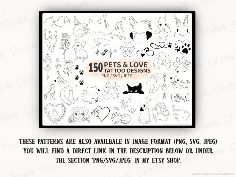 These designs are also available in PNG, SVG and JPEG image format which you can find in the shop for Peach Sketch Studio or through the link in the description here, shown in text below a preview image for the main listing photo for the image files collection.