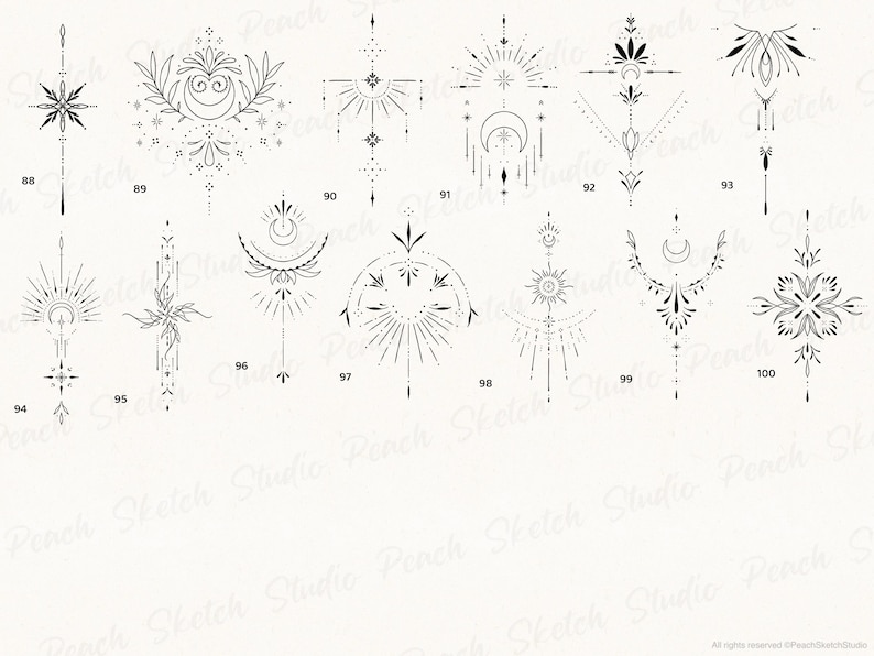 Collection overview of the remaining designs included in this set.  Hand drawn intricate designs. Designs 88-100.