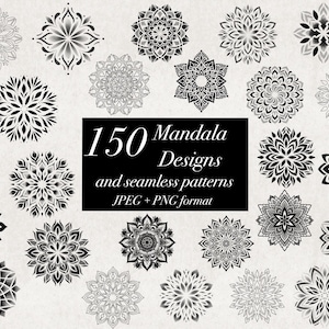 150 dessins de mandalas JPEG PNG sans couture modèles, haute qualité des cliparts Mandala dessinés à la main, modèle de tatouage Mandala Dotwork, téléchargement numérique