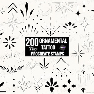 200個の小さなタトゥー装飾 Procreate スタンプ、細線装飾 Procreate ブラシ ステンシル (デジタルダウンロード)