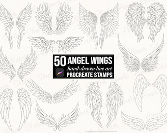 50 Angel Wings Procreate Stamps, Fine Line Tattoo Stencil Designs, Procreate Brushes (Digital Download)