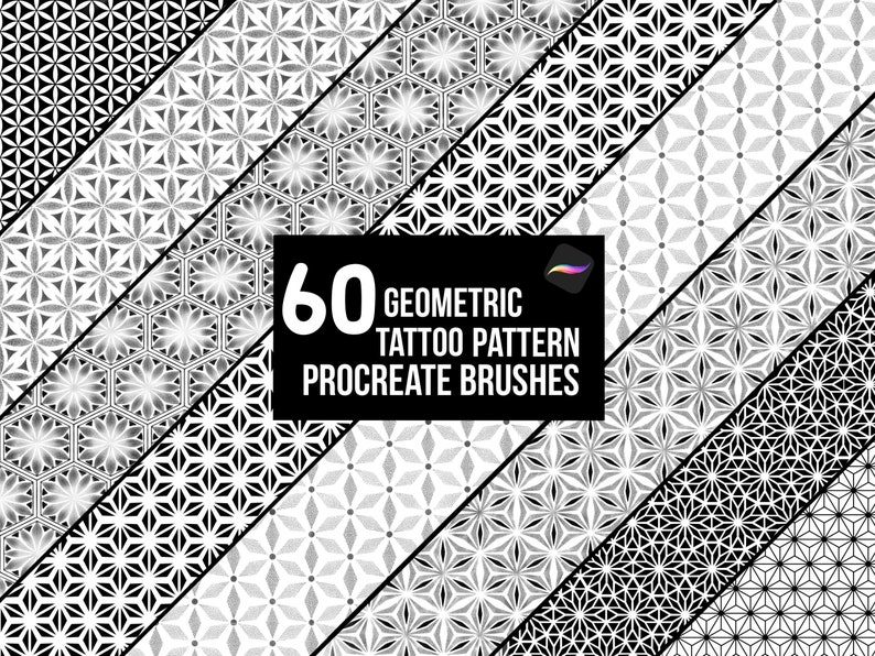 60 Geometric Tattoo Pattern Procreate Brushes. A collection of geometric and abstract  patterns which are seamless and ideal for tattoo designs and dotwork and shading filler designs. 8 of the brush patterns are shown across the page and are made up of various shapes, lines, dots, ornate/filigree elements, stars, hexagons, and circles. Flower of life sacred geometry hand drawn designs. Personal and commercial use included so use these designs for tattoo templates, stencils, illustrations.
