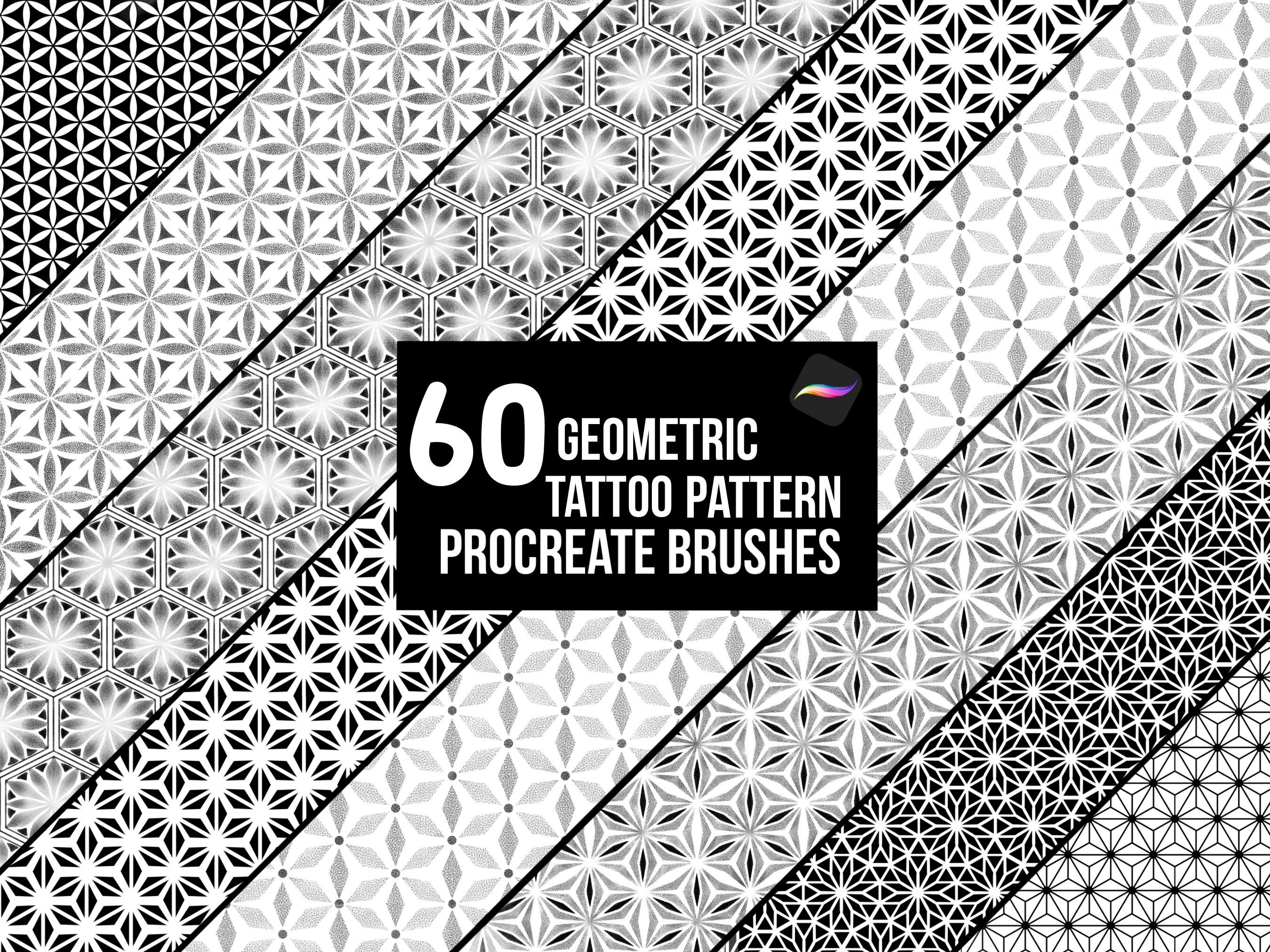 60 Pinceles de Patrones Geométricos Sin Costuras para Procreate – Diseños de Tatuaje en Dotwork y Sombreado, Descarga Digital Instantánea