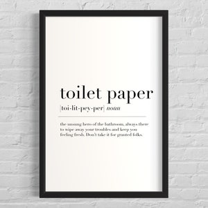Impresión de póster tipográfico con definición de papel higiénico, arte divertido para la pared del baño, arte de pared con cita humorística, minimalista, en blanco y negro, descarga digital