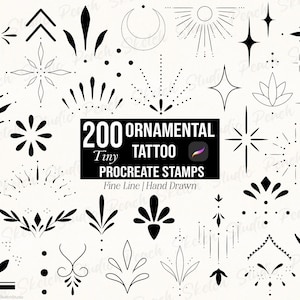 200 kleine decoratieve tattoo-stempels voor Procreate, sjablonen voor fijne lijntattoo-ontwerpen, Procreate-penselen (digitale download)