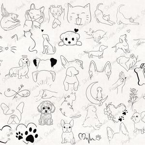 A collection designs included with black fine lines. Illustrations include simple cat line art, rabbits, paw prints, hearts, wings, and a musical note in the shape of a cat, bunny ears, dog outline on the moon, paw prints in hearts. Perfect designs for flash tattoo stencils, clip art, stickers, decals, scrapbooking, digital journals, logos and website illustration, colouring books. These original hand drawn designs have been popular as patchwork tattoo flash sheets due to the fine line details.