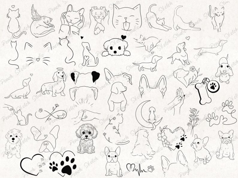 A collection designs included with black fine lines. Illustrations include simple cat line art, rabbits, paw prints, hearts, wings, and a musical note in the shape of a cat, bunny ears, dog outline on the moon, paw prints in hearts. Perfect designs for flash tattoo stencils, clip art, stickers, decals, scrapbooking, digital journals, logos and website illustration, colouring books. These original hand drawn designs have been popular as patchwork tattoo flash sheets due to the fine line details.