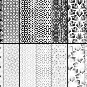 Pode incluir: Uma cole&ccedil;&atilde;o de 20 padr&otilde;es geom&eacute;tricos em preto e branco. Os padr&otilde;es s&atilde;o organizados em uma grade de 4 linhas e 5 colunas. Cada padr&atilde;o &eacute; um design diferente, mas todos s&atilde;o feitos de formas simples.