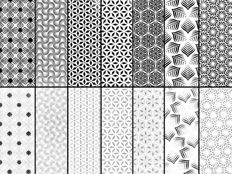 Pode incluir: Uma cole&ccedil;&atilde;o de 20 padr&otilde;es geom&eacute;tricos em preto e branco. Os padr&otilde;es s&atilde;o organizados em uma grade de 4 linhas e 5 colunas. Cada padr&atilde;o &eacute; um design diferente, mas todos s&atilde;o feitos de formas simples.