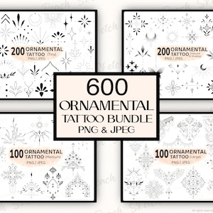 Puede incluir: Una colección de diseños de tatuajes ornamentales en blanco y negro. La imagen muestra cuatro conjuntos enmarcados de diseños de tatuajes, cada uno con un estilo y tamaño diferente, y un marco central con el texto "600 Ornamental Tattoo Bundle PNG & JPEG".