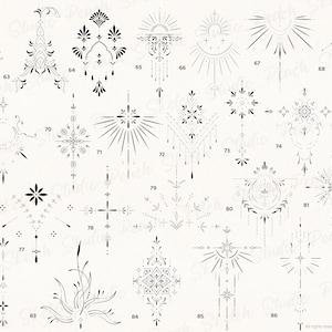 More designs in this set are shown across the page with a variety having shading and dotwork details. Designs 62-87