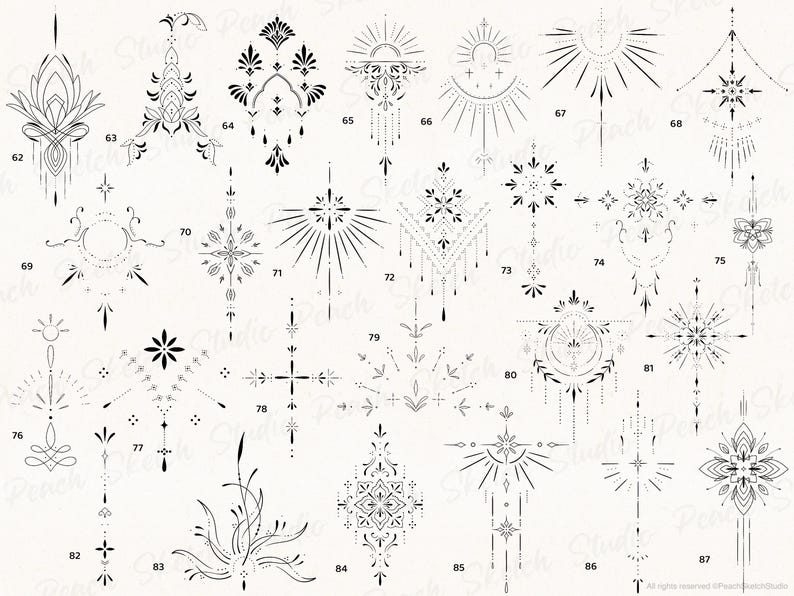 More designs in this set are shown across the page with a variety having shading and dotwork details. Designs 62-87