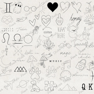 A selection of the easy small tattoo designs included shown at random across the page with black fine lines. Original, hand drawn and high quality designs. They have clear lines and designs include pyramids, zodiac signs, Halloween ghosts, flowers, beach summer designs, line art. Perfect for flash patchwork tattoo sheets. These Procreate Brush Stamps can be used in tattoo stencils, templates, website branding & illustration, scrapbooking, stickers and many other creative craft projects.