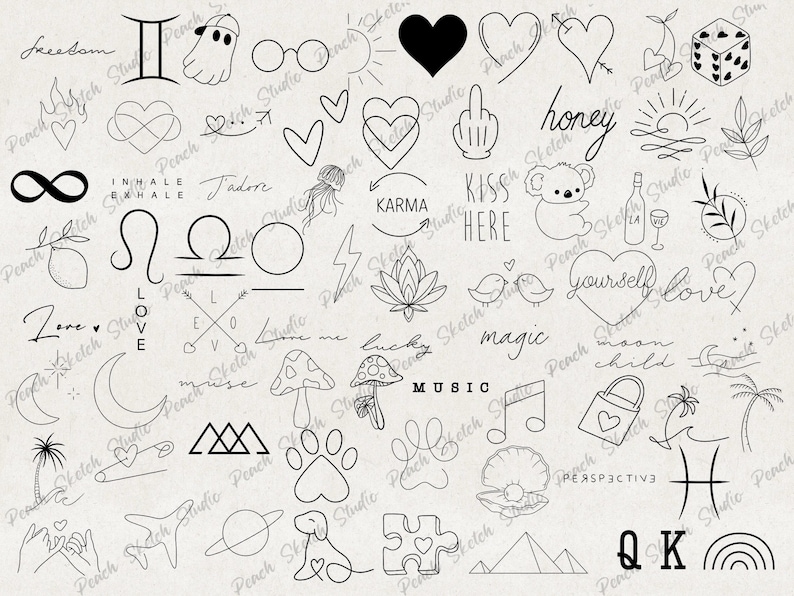 A selection of the easy small tattoo designs included shown at random across the page with black fine lines. Original, hand drawn and high quality designs. They have clear lines and designs include pyramids, zodiac signs, Halloween ghosts, flowers, beach summer designs, line art. Perfect for flash patchwork tattoo sheets. These Procreate Brush Stamps can be used in tattoo stencils, templates, website branding & illustration, scrapbooking, stickers and many other creative craft projects.