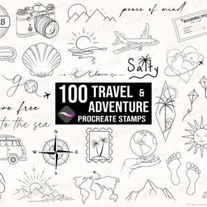 100 Travel & Adventure Procreate Stamps, Fine Line Tattoo Stencil Designs (Digital Download)