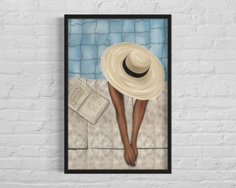 Frau am Pool-Print, Sommer-Mode Schwimmen Aquarell Wand Kunst Poster Print, Sommer Stil Buch Hut druckbare, digitaler Download