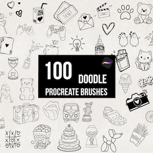 Procreate 100 Doodle Stamp Brushes, Random Brush Stamps, Teddy Shoes Paris Heart Food Stamps, Fun Brush Set, Hand-drawn Stamp Brush Pack