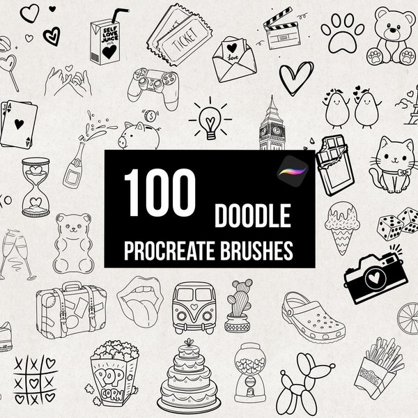 Procreate 100 Doodle Stamp Brushes, Random Brush Stamps, Teddy Shoes Paris Heart Food Stamps, Fun Brush Set, Hand-drawn Stamp Brush Pack