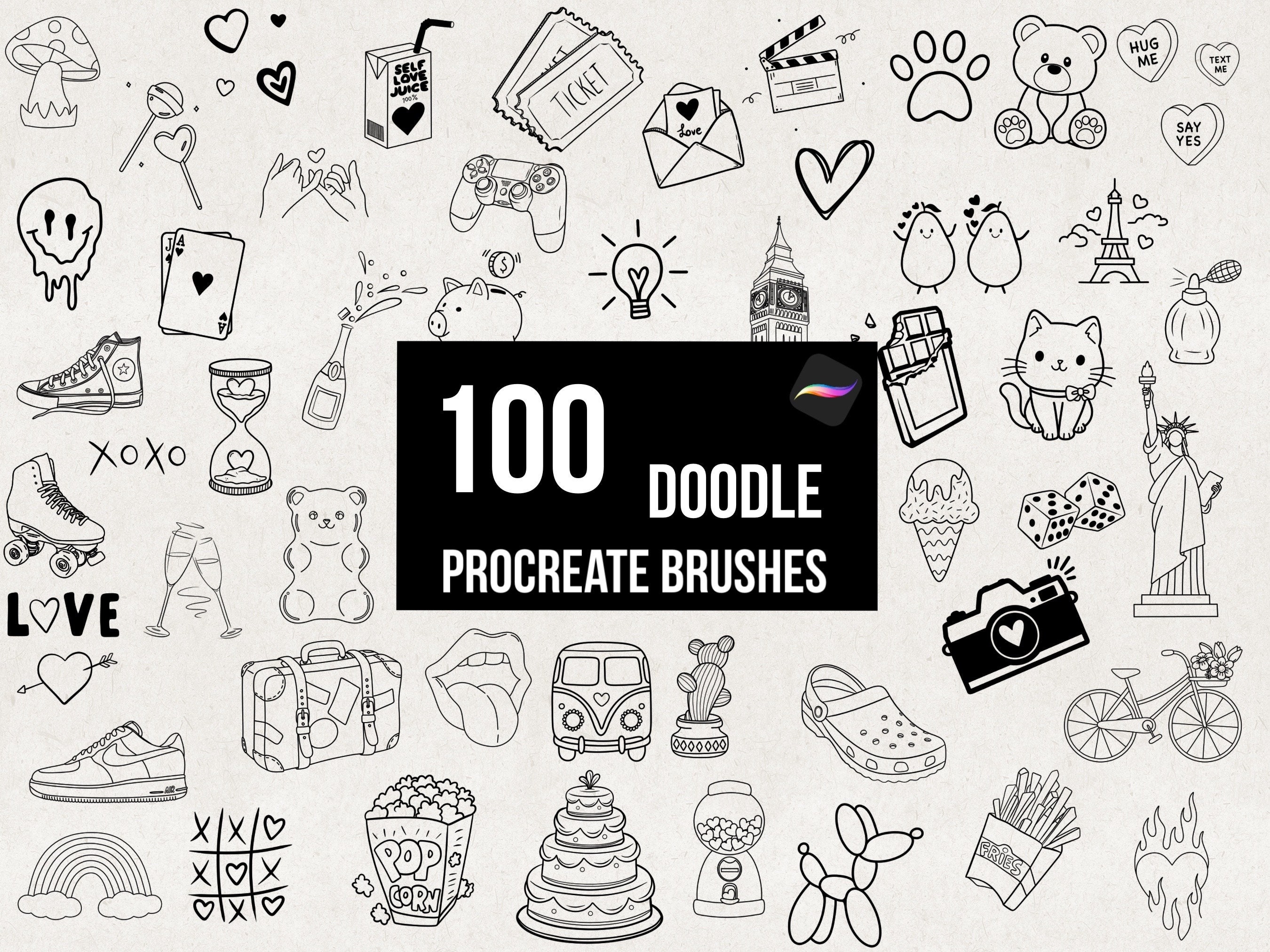 Procreate 100 Doodle Stamp Brushes, Random Brush Stamps, Teddy Shoes Paris Heart Food Stamps, Fun Brush Set, Hand-drawn Stamp Brush Pack