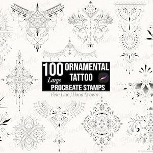 100 ozdobnych stempli do tatuażu Procreate, duże ozdobne wzory, szablon do tatuażu z cienkimi liniami, pędzle Procreate (do pobrania w wersji cyfrowej)