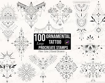 100 Procreate Ornamental Tattoo Stamps, Large Ornate Designs, Fine Line Tattoo Stencil, Procreate Brushes (Digital Download)
