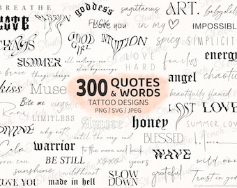 300 citaten en woorden tattoo-ontwerpen, PNG SVG JPEG, flash tattoo-sjablonen, fijne lijnletters (digitale download)
