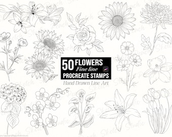 50 Flower Procreate Stamps, Fine Line Tattoo Designs, Floral & Botanical Procreate Brushes (Digital Download)