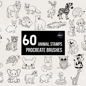 Procréer 60 pinceaux de tampons animaux, paquet de pinceaux de pochoir de tatouage, chien chat tigre koala animal aléatoire, usage commercial, téléchargement numérique dessiné à la main