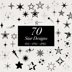 70 個の星のバンドル SVG PNG JPEG、幾何学的な星のデザインのカット ファイル、星のクリップ アート、輝きのインスタント デジタル ダウンロード、天体星のバンドル