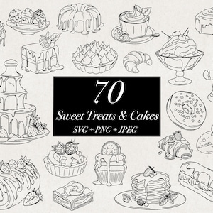 70 Doces e Bolos SVG PNG JPEG Pacote Ilustrações, Padaria Sobremesas Pastelaria Frutas Sorvete Desenhados à Mão Alimentos Clip Art Download Digital