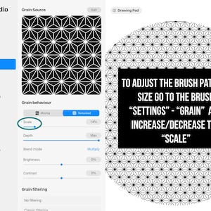 Pode incluir: Uma captura de tela de um programa de arte digital mostrando um painel de configura&ccedil;&otilde;es de pincel com um controle deslizante rotulado como "Escala". O texto "PARA AJUSTAR O TAMANHO DO PADR&Atilde;O DO PINCEL, V&Aacute; PARA AS CONFIGURA&Ccedil;&Otilde;ES DO PINCEL "CONFIGURA&Ccedil;&Otilde;ES" - "GR&Atilde;O" E AUMENTE/DIMINUA A "ESCALA"" &eacute; exibido em uma caixa preta.