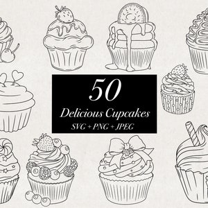 50 Cupcake Desserts SVG PNG JPEG Bundle Ilustrações, Bolos de Aniversário de Padaria, Cupcakes Elegantes Desenhados à Mão Comida Clip Art Download Digital