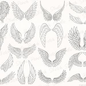 Display of the final angel wing designs included in JPEG, PNG and SVG format. Each one is hand drawn with black fine lines with delicate details. The line drawings shown are mixed positions of the wings and styles.