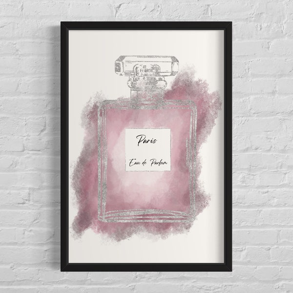 Paris argent parfum affiche impression art mural, art de la bouteille de parfum, mode beauté féminine, décoration d'intérieur, décoration rose argenté, téléchargement numérique