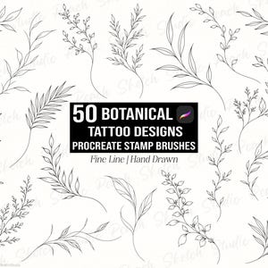 50 Fine Line Botanical Tattoo Procreate Stamps, Hand Drawn Delicate Leaf & Vine Designs, Procreate Brush Set (Digital Download)
