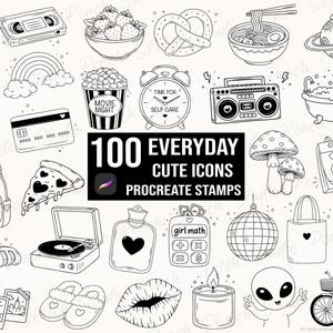 100 Everyday Icons Procreate Stamps, Tattoo Flash Stencils, Procreate Brushes (Digital Download)