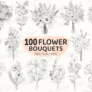 100 Flower Bouquet Designs PNG SVG JPEG Floral Arrangements Line Art Clipart (Digital Download)