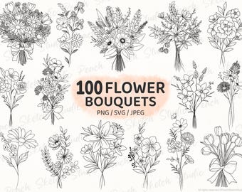 100 Flower Bouquet Designs PNG SVG JPEG Floral Arrangements Line Art Clipart (Digital Download)