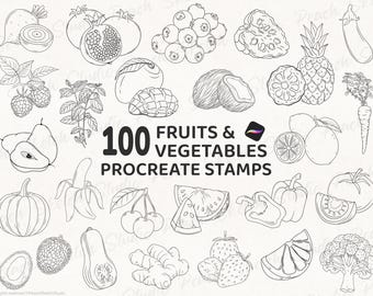 100 Fruit & Vegetable Procreate Stamps, Food Line Art Procreate Brushes (Digital Download)