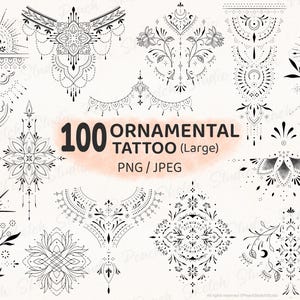 100 diseños de tatuajes ornamentales, plantillas de tatuajes de líneas finas delicadas PNG JPEG, grandes (descarga digital)