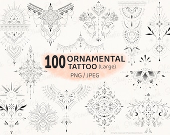 100 Ornamental Tattoo Designs, PNG JPEG Delicate Fine Line Tattoo Stencils, Large (Digital Download)