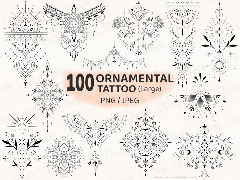100 Ornamental Tattoo Designs, PNG JPEG Delicate Fine Line Tattoo ...