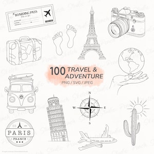 100 diseños de viajes y aventuras, PNG, JPEG, SVG, dibujos lineales, imágenes prediseñadas dibujadas a mano (descarga digital)