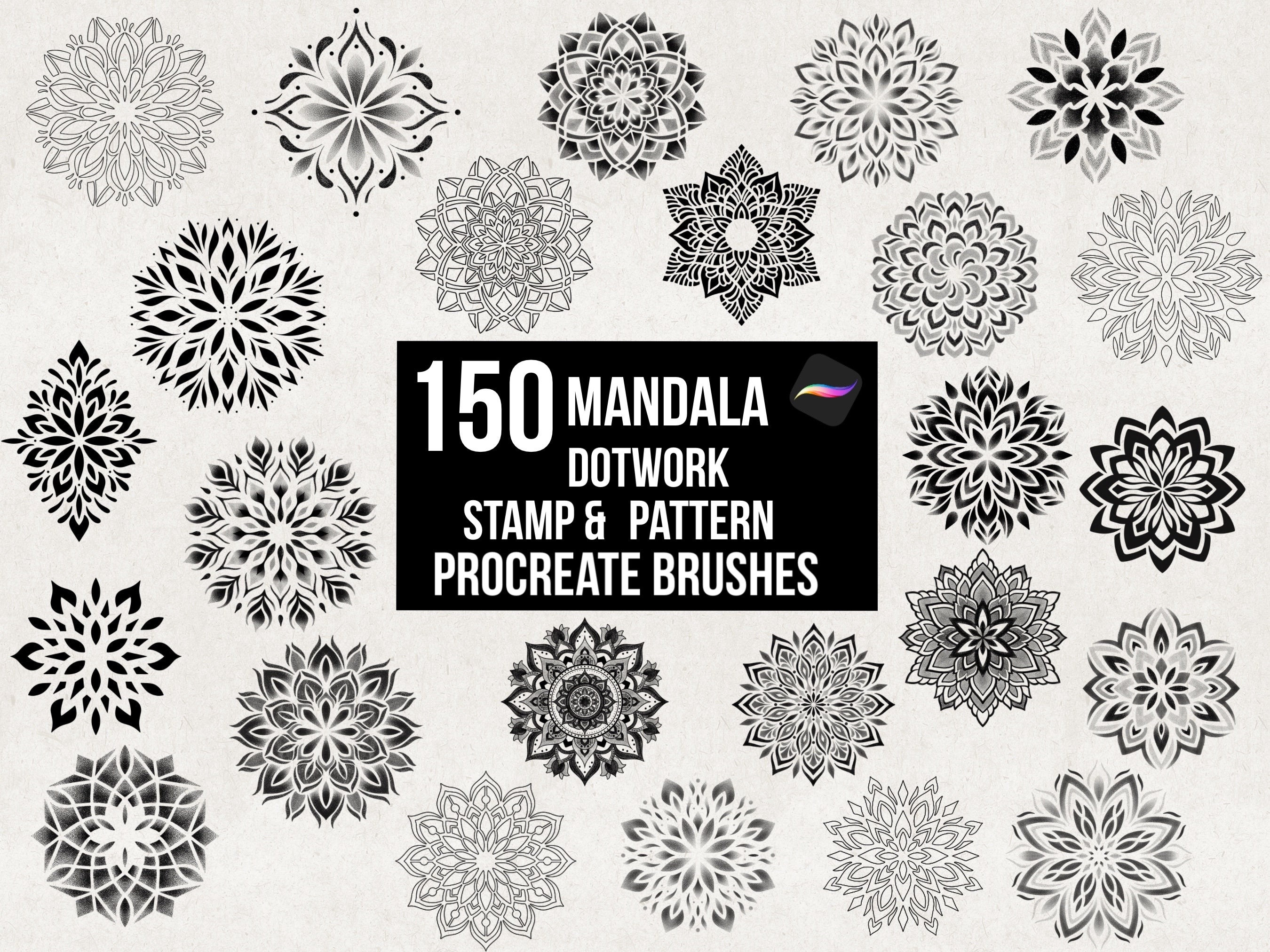 Paquete de pinceles Mandala para Procreate – 150 sellos y pinceles de patrón sin costuras, diseños de tatuaje geométrico en dotwork, 30 sets de mandalas